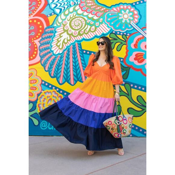 FARM Rio Dresses & Skirts - FARM Rio Tiered Colorblock Maxi Dress Paris Summer‎ Rainbow Sundress Blogger Fav